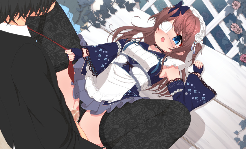 1boy 1girl absurdres black_choker black_panties black_thighhighs blue_bow blue_eyes blue_gloves blue_sleeves blush bow breasts brown_hair censored choker clothed_sex clothing_aside detached_sleeves dress eyepatch feet_out_of_frame fingerless_gloves fishnet_thighhighs fishnets flower frilled_dress frills fujigaya_arctia gloves hair_bow hair_flower hair_ornament hetero highres lace_thighhighs long_hair looking_at_another lying mahjong_soul maid maid_headdress medical_eyepatch missionary mosaic_censoring necktie necktie_grab neckwear_grab on_back open_mouth panties panties_aside penis pink_flower pink_rose plant pussy pussy_juice red_necktie rose sex shinomiya_fuyumi short_dress sleeveless sleeveless_dress small_breasts solo_focus spread_legs textless_version thighhighs underwear vaginal variant_set vines white_flower white_rose