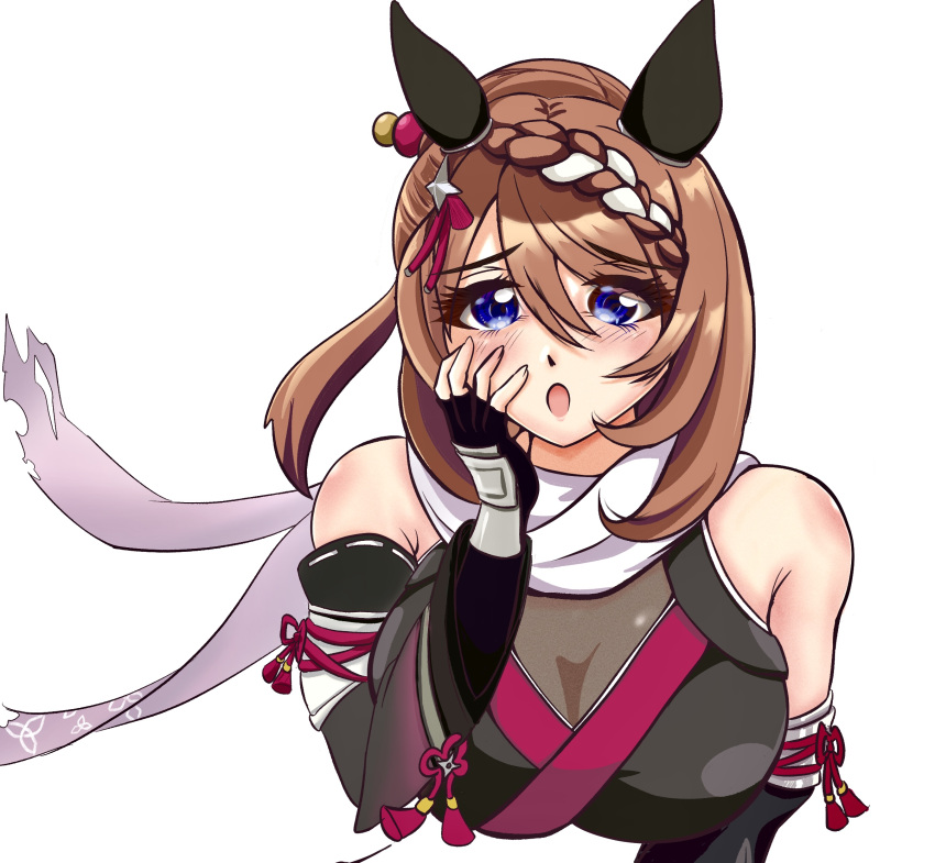 1girl animal_ears blue_eyes blush braid breasts brown_hair fingerless_gloves gloves hair_between_eyes hair_bun hand_on_own_face highres horse_ears horse_girl horse_tail japanese_clothes large_breasts looking_at_viewer multicolored_hair ninja open_mouth pocotas scarf short_hair_with_long_locks simple_background solo super_creek_(umamusume) tail umamusume white_background white_hair white_scarf