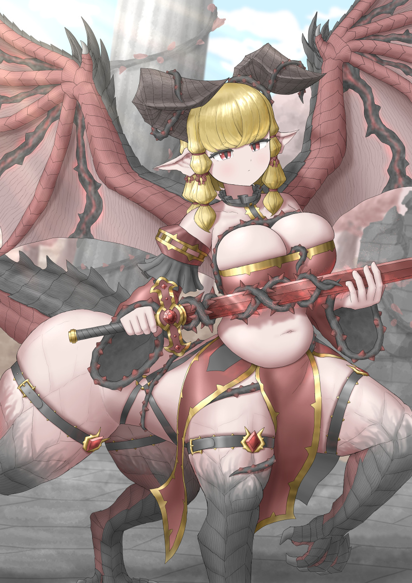 1girl absurdres ass bandeau bare_shoulders black_collar blonde_hair blue_sky blunt_bangs breasts broken_pillar centauroid claws cleavage closed_mouth cloud collar collarbone commentary_request day detached_sleeves dragon_girl dragon_horns dragon_tail dragon_wings hair_ribbon highres holding holding_sword holding_weapon horns large_breasts monster_girl multiple_legs navel original outdoors pelvic_curtain plump pointy_ears quad_tails red_bandeau red_eyes red_ribbon red_sleeves ribbon ruins skindentation sky slit_pupils solo standing standing_on_three_legs stomach sunlight sword tail taur thigh_strap thorns tress_ribbon weapon wide_sleeves wings yukki_(uuws4345)