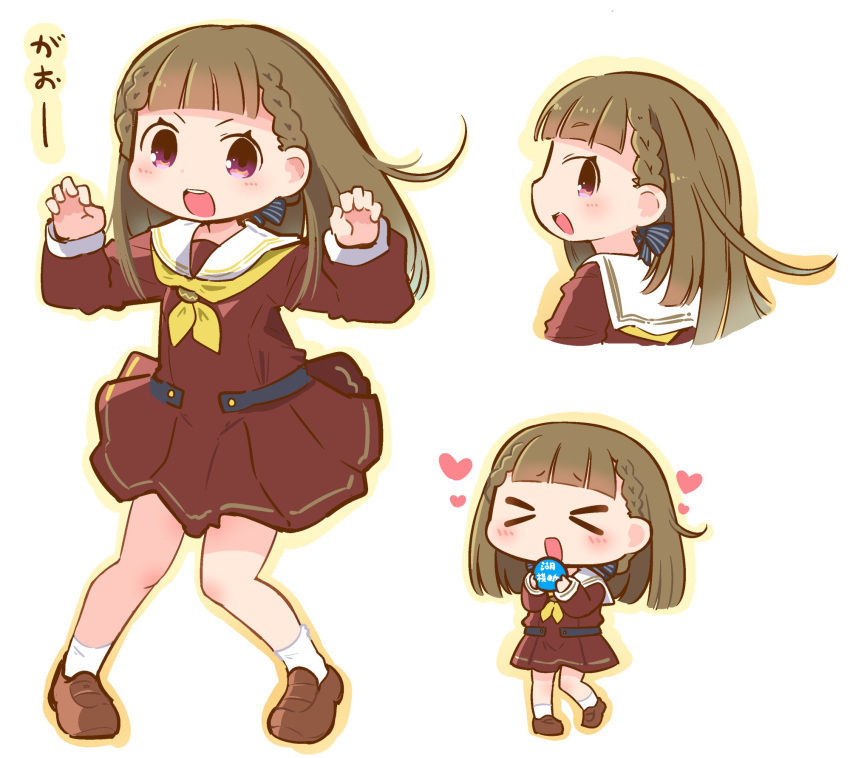 &gt;_&lt; 1girl :d badge black_ribbon blunt_bangs blush braid brown_dress brown_footwear brown_hair button_badge center-flap_bangs claw_pose commentary cropped_torso deformed dress foot_up hair_ribbon hanomido hasu_no_sora_school_uniform heart highres holding holding_badge kachimachi_kosuzu knees_together_feet_apart link!_like!_love_live! loafers long_hair long_sleeves looking_at_viewer looking_back love_live! medium_dress multiple_views neckerchief open_mouth outline pink_eyes pleated_dress ribbon sailor_collar sailor_dress school_uniform shoes side_braids sideways_glance sideways_mouth simple_background smile socks standing straight_hair striped_ribbon teeth upper_teeth_only v-shaped_eyebrows virtual_youtuber white_background white_sailor_collar white_socks winter_uniform xd yellow_neckerchief yellow_outline