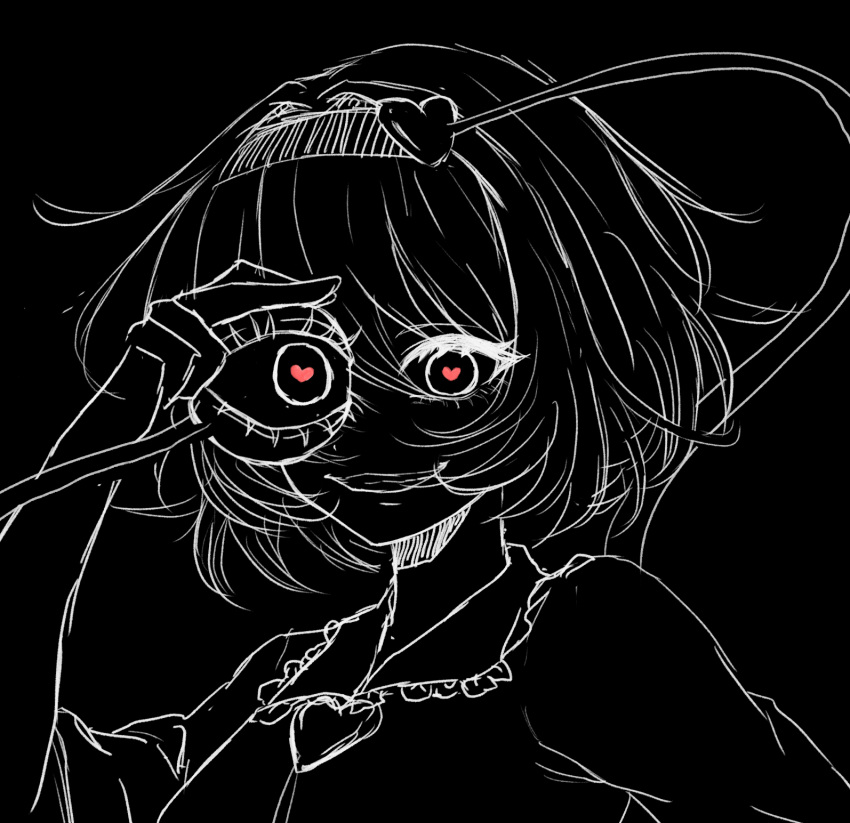 0002koko 1girl black_background buttons close-up commentary evil_smile eyelashes frilled_shirt_collar frills hair_between_eyes hair_ornament hairband heart heart-shaped_pupils heart_button heart_hair_ornament highres holding_eyeball komeiji_satori looking_at_viewer monochrome red_eyes short_hair simple_background smile solo symbol-shaped_pupils third_eye touhou tsurime wide-eyed