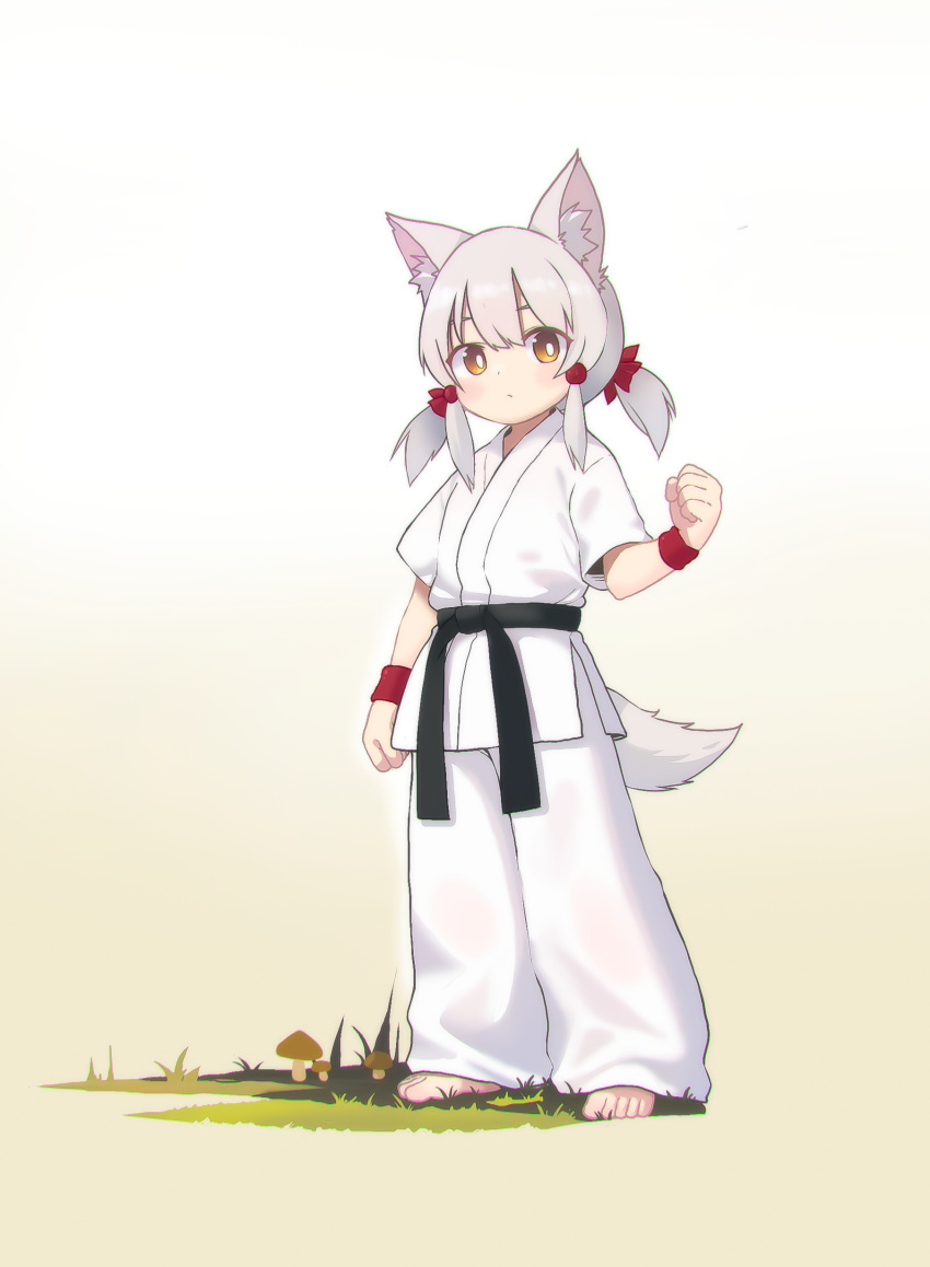 1girl absurdres animal_ear_fluff animal_ears arm_up barefoot belt black_belt bright_pupils chinese_commentary clenched_hand commentary_request dougi full_body grey_hair highres kuma-bound low_twintails martial_arts_belt medium_hair mushroom on_grass original pants solo standing tail toes twintails white_pants white_pupils yellow_eyes