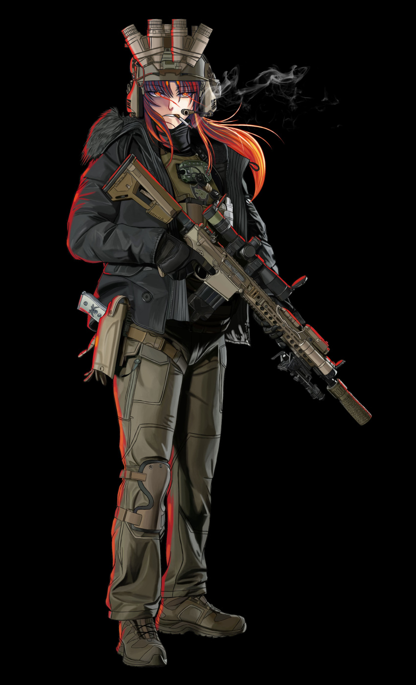 1girl absurdres alternate_costume beretta_92 black_lagoon cigarette crossover gun handgun helmet highres looking_at_viewer neo_(neo_millennium) night_vision resident_evil resident_evil_village revy_(black_lagoon) rifle scope smoking sniper_rifle solo sr-25 suppressor tactical_clothes trigger_discipline weapon