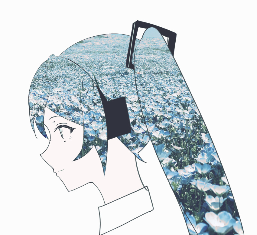 1girl closed_mouth collar double_exposure eyebrows_visible_through_hat flower from_side hatsune_miku headphones highres long_hair multicolored_hair nemophila_(flower) photo_inset potetoneko profile vocaloid white_background