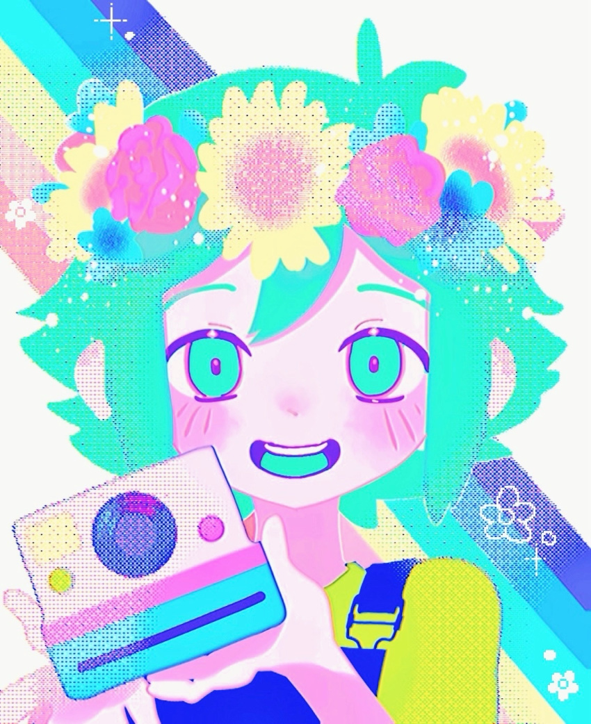 1boy basil_(headspace)_(omori) basil_(omori) blue_overalls blush camera flower green_eyes green_hair green_shirt head_wreath highres holding holding_camera looking_at_viewer omori open_mouth overalls ow12714 shirt short_hair smile solo teeth upper_teeth_only