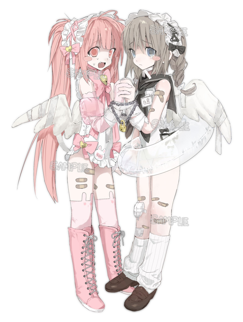 2girls bandaid bandaid_on_leg blush_stickers boots bow chain commission cross-laced_footwear flat_chest full_body grey_eyes grey_hair hairband highres holding_hands innertube leotard loafers lock lolita_hairband long_hair looking_at_viewer loose_socks medium_hair multiple_girls open_mouth original padlock pink_eyes pink_hair shoes simple_background smile socks sweat swim_ring tearing_up twintails very_long_hair white_background wings youyuu_(melt_yo103)