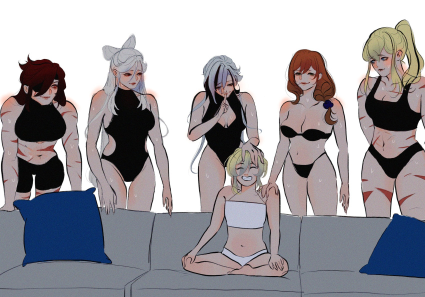 6+girls arlecchino_(genshin_impact) beidou_(genshin_impact) black_hair blonde_hair blush breasts brown_hair closed_eyes closed_mouth couch cushion genshin_impact hand_on_another's_head hand_on_another's_shoulder highres jean_(genshin_impact) lisa_(genshin_impact) long_hair lumine_(genshin_impact) medium_hair meme multicolored_hair multiple_girls ningguang_(genshin_impact) on_couch parted_lips piper_perri_surrounded_(meme) scar shimemaw white_hair yuri