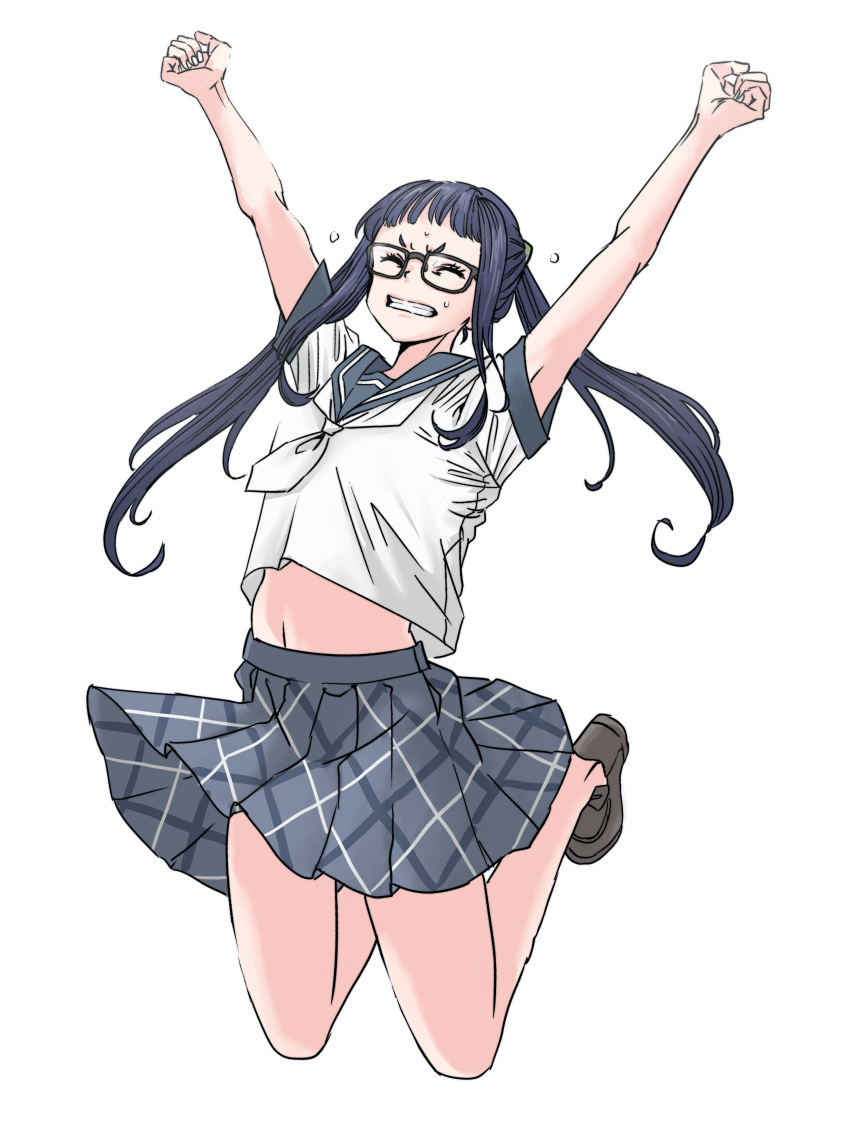 1girl absurdres arms_up black-framed_eyewear black_hair brown_footwear clenched_hands closed_eyes facing_viewer glasses grey_skirt highres jumping midriff navel neckerchief oogaki_chiaki sailor_collar shirt short_sleeves simple_background skirt skrmtl solo sweat white_neckerchief white_shirt yurucamp