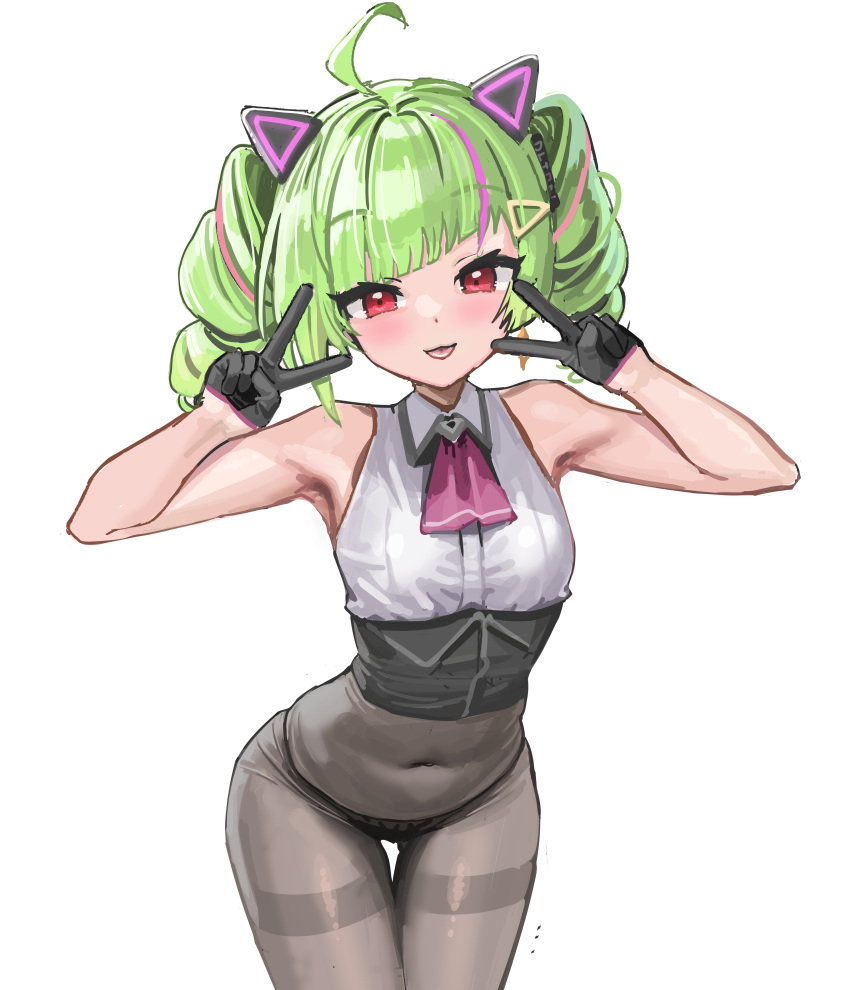 1girl absurdres ahoge animal_ears armpits ascot black_corset black_gloves black_leotard blush cat_ears collared_shirt commentary commentary_request corset covered_navel cowboy_shot delutaya dot_nose double_v drill_hair fake_animal_ears gloves green_hair half_gloves hands_up highres indie_virtual_youtuber kanzarin leaning_forward legs_together leotard looking_at_viewer multicolored_hair open_mouth pantyhose pink_ascot red_eyes shirt short_hair short_twintails sidelocks simple_background sleeveless sleeveless_shirt smile solo streaked_hair thigh_gap thighband_pantyhose tongue tongue_out twin_drills twintails v virtual_youtuber white_background white_shirt