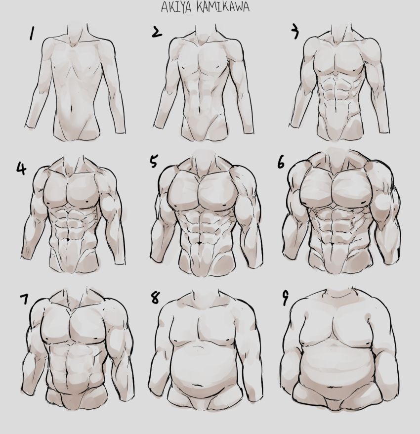6+boys abs akiyakamikawa anatomy arms_at_sides bara belly comparison cropped_legs fat fat_man greyscale groin headless highres huge_pectorals large_pectorals male_focus manboobs monochrome multiple_boys muscular muscular_male navel nipples nude numbered obese original pectorals plump shredded_muscles skinny stomach strongman_waist toned toned_male v-taper