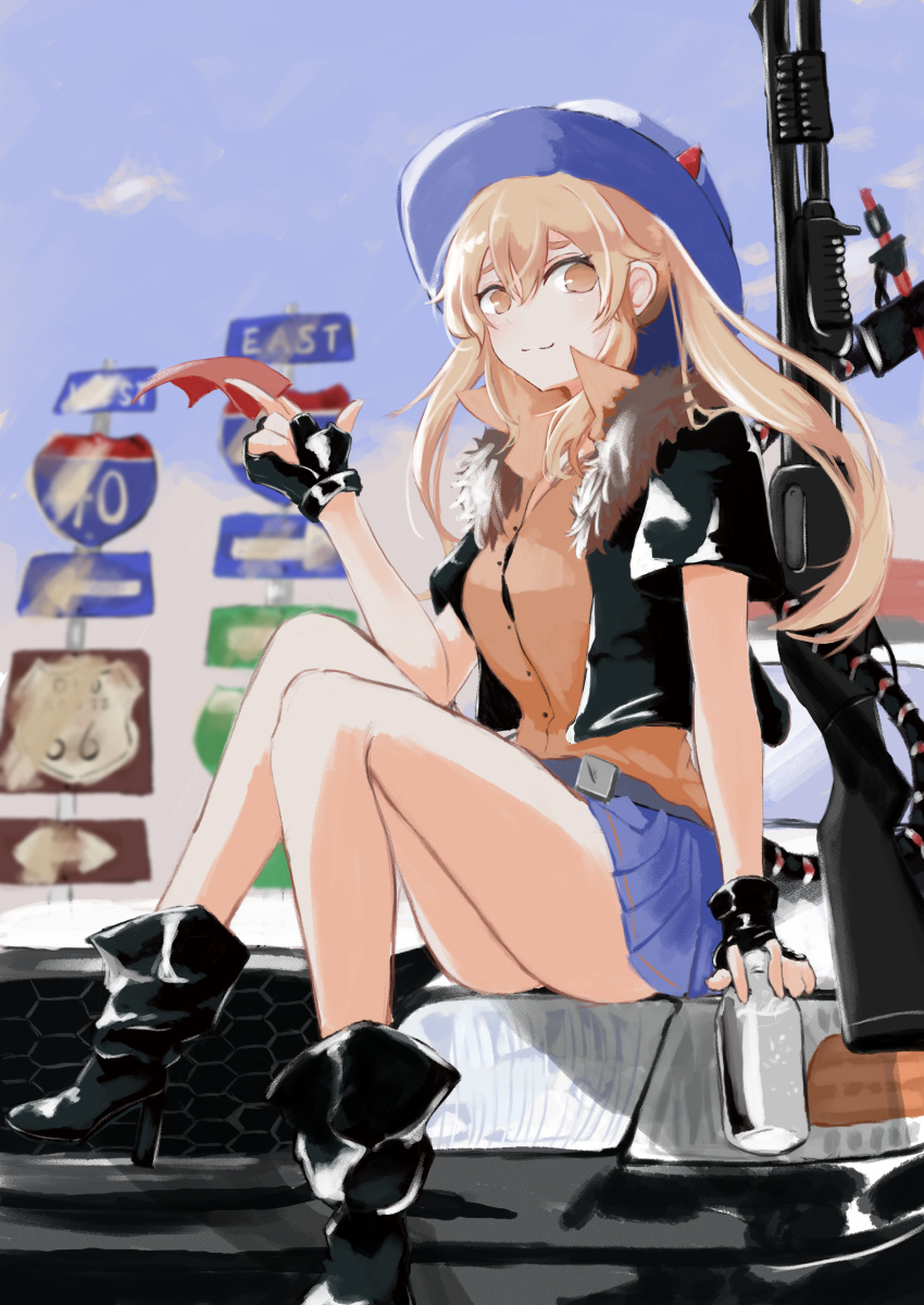 1girl absurdres black_gloves black_jacket blonde_hair blue_skirt breasts closed_mouth fingerless_gloves girls'_frontline gloves gun hat highres jacket looking_at_viewer m870_(girls'_frontline) mechanical_tail nisoichi orange_eyes pleated_skirt shirt sitting skirt solo tail twintails weapon