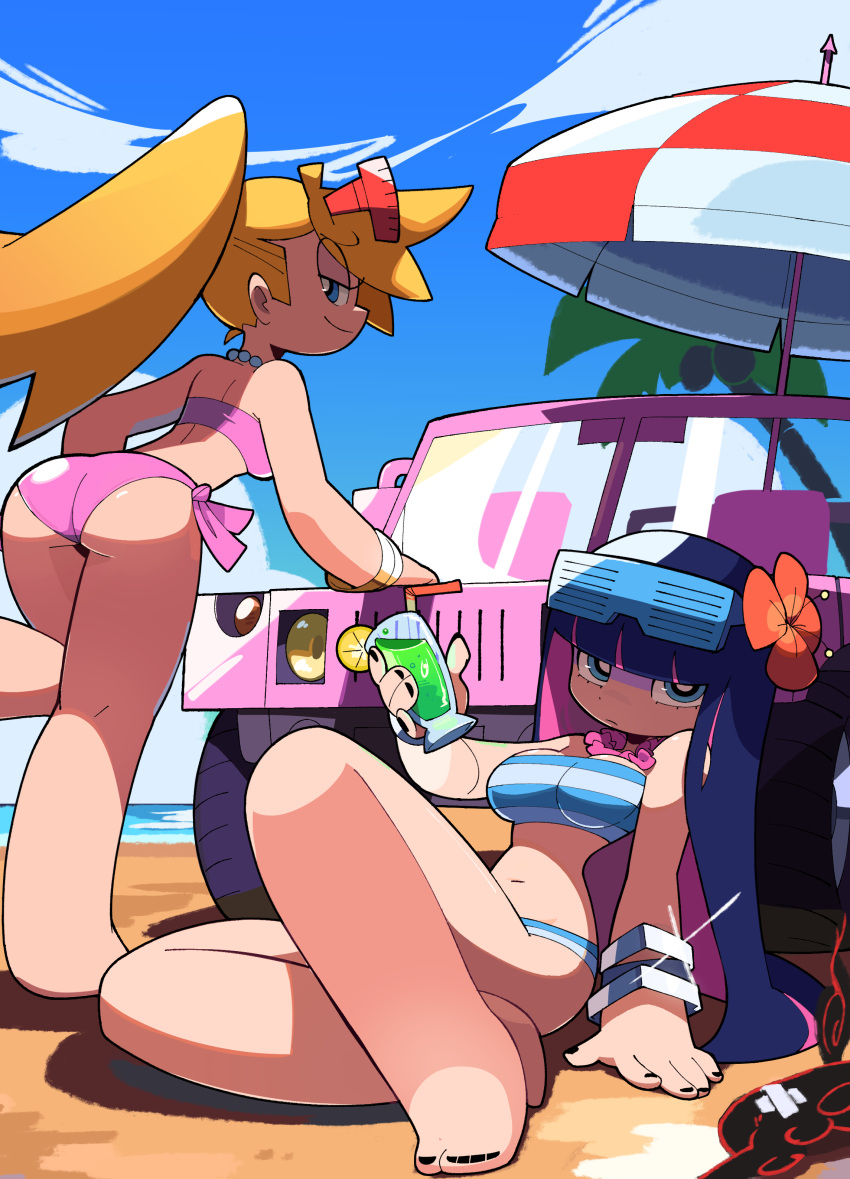 2girls absurdres alternate_costume arm_support ass bacun beach_umbrella bikini black_nails blonde_hair blue_bikini blue_eyes blunt_bangs breasts closed_mouth colored_inner_hair cup drinking_glass eyewear_on_head flower hair_flower hair_ornament highres holding holding_cup jewelry large_breasts multicolored_bikini multicolored_clothes multicolored_hair multiple_girls navel necklace panty_&amp;_stocking_with_garterbelt panty_(psg) pink_hair ponytail purple_hair sitting smile stocking_(psg) striped_bikini striped_clothes sunglasses swimsuit umbrella white_bikini