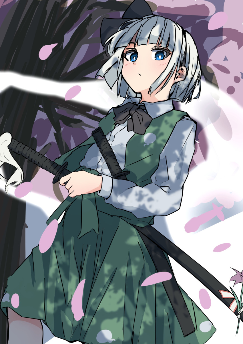 1girl absurdres black_bow black_bowtie bow bowtie cherry_blossoms expressionless falling_petals from_below green_jacket green_skirt hair_bow highres holding holding_sword holding_weapon jacket konpaku_youmu konpaku_youmu_(ghost) long_sleeves looking_at_viewer petals refuson_man saigyou_ayakashi shirt sketch skirt solo sword touhou weapon white_hair white_shirt