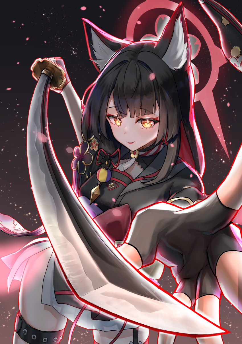 1girl absurdres aiming aiming_at_viewer animal_ears black_flower black_gloves black_hair black_kimono blue_archive blush eyeshadow fingerless_gloves flower fox_ears fox_girl gloves hair_flower hair_ornament halo hands_up highres holding holding_sword holding_weapon japanese_clothes katana kimono leaning_forward long_hair makeup multicolored_hair red_eyeshadow red_hair red_halo slit_pupils smile solo sword thigh_strap two-tone_hair very_long_hair wakamo_(blue_archive) weapon yellow_eyes yukikamaboko