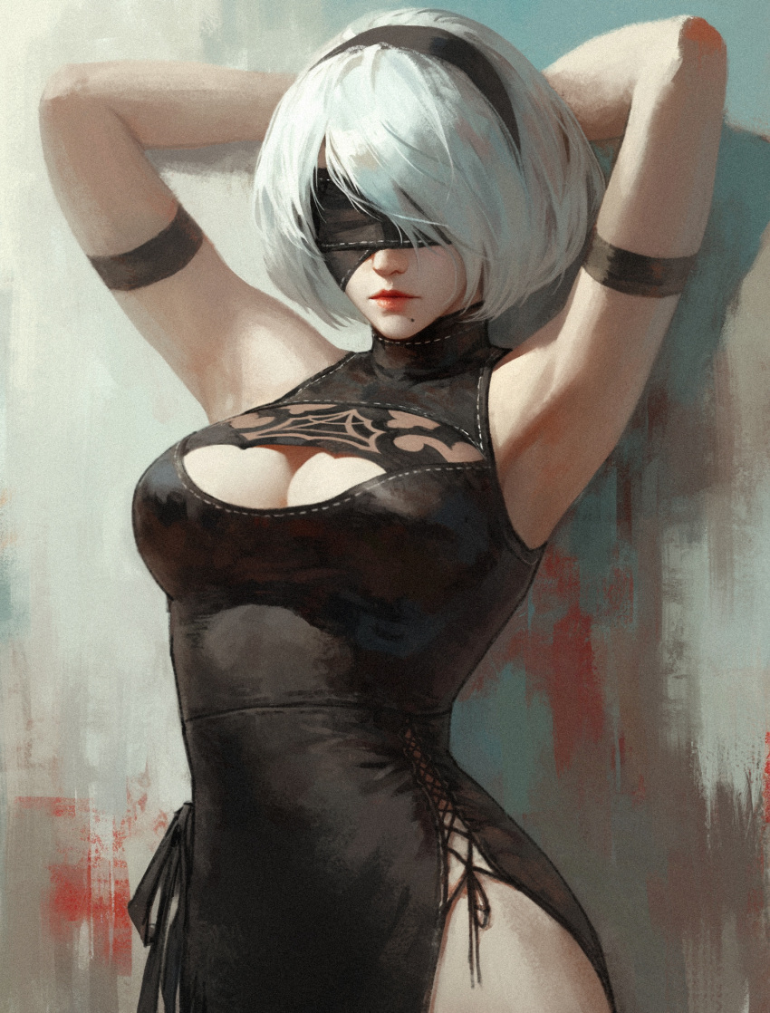 1girl 2b_(nier:automata) armband armpits arms_behind_head arms_up bare_shoulders black_armband black_blindfold black_dress black_hairband blindfold breasts cleavage cleavage_cutout closed_mouth clothing_cutout dress facing_viewer hairband highres medium_breasts mole mole_under_mouth nier:automata nier_(series) red_lips short_hair sleeveless sleeveless_dress solo turtleneck turtleneck_dress upper_body white_hair wodeipoi