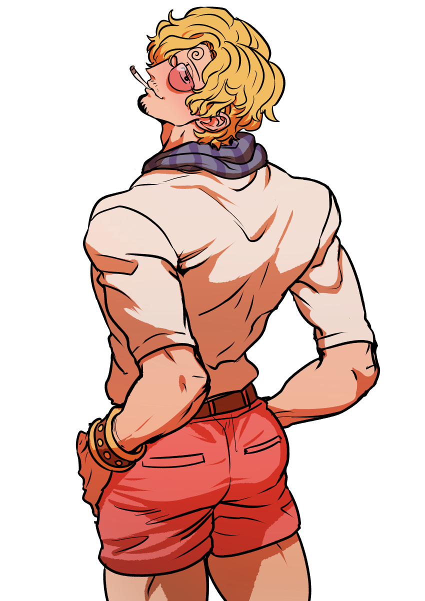 1boy absurdres ass back belt blonde_hair cigarette curly_eyebrows english_commentary facial_hair goatee hair_over_one_eye highres holding jacket jewelry looking_at_viewer looking_back male_focus mouth_hold official_alternate_costume one_piece one_piece_film:_red pink_shorts rita_ya sanji_(one_piece) shirt short_hair short_shorts shorts smile smirk sunglasses wavy_hair white_background yellow_jacket