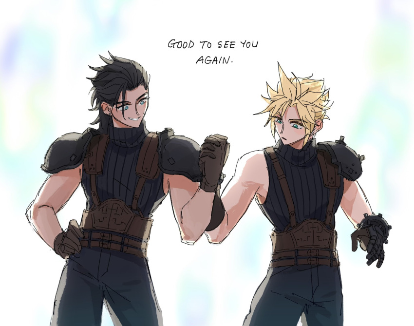 2boys armor belt black_hair blonde_hair blue_eyes blue_pants blue_shirt brown_belt brown_gloves cloud_strife cowboy_shot cybercoughsyrup english_text final_fantasy final_fantasy_vii final_fantasy_vii_rebirth final_fantasy_vii_remake gloves hair_slicked_back highres holding_hands interlocked_fingers looking_at_another male_focus multiple_belts multiple_boys pants parted_lips scar scar_on_cheek scar_on_face shirt short_hair shoulder_armor single_bare_shoulder single_shoulder_pad sleeveless sleeveless_turtleneck smile spiked_hair suspenders turtleneck zack_fair