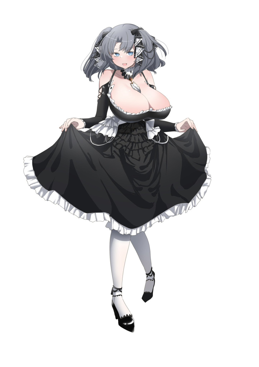 1girl azareiya_0702 azur_lane bare_shoulders black_dress black_footwear black_ribbon blue_eyes breasts cleavage clothes_lift cosplay dress dress_lift formidable_(azur_lane) formidable_(azur_lane)_(cosplay) frilled_dress frills full_body gothic_lolita hair_ribbon highres huge_breasts lolita_fashion looking_at_viewer medium_hair pantyhose ribbon senran_kagura simple_background solo two-tone_dress two-tone_ribbon white_background white_dress white_hair white_pantyhose white_ribbon yumi_(senran_kagura)