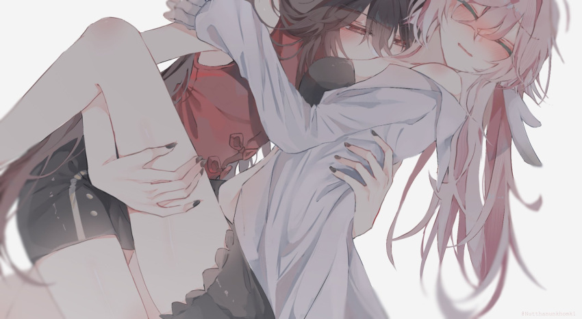 2girls antlers black_bra black_nails black_shorts blush bra brown_hair closed_eyes collared_shirt commentary genshin_impact hand_on_another's_back hand_on_another's_shoulder hand_on_another's_thigh highres horns hu_tao_(genshin_impact) kiss kissing_neck long_hair multiple_girls nutthanunkhomk1 open_clothes open_shirt parted_lips pink_hair red_eyes red_shirt shirt shorts simple_background sleeveless sleeveless_shirt underwear white_background white_shirt yanfei_(genshin_impact) yuri