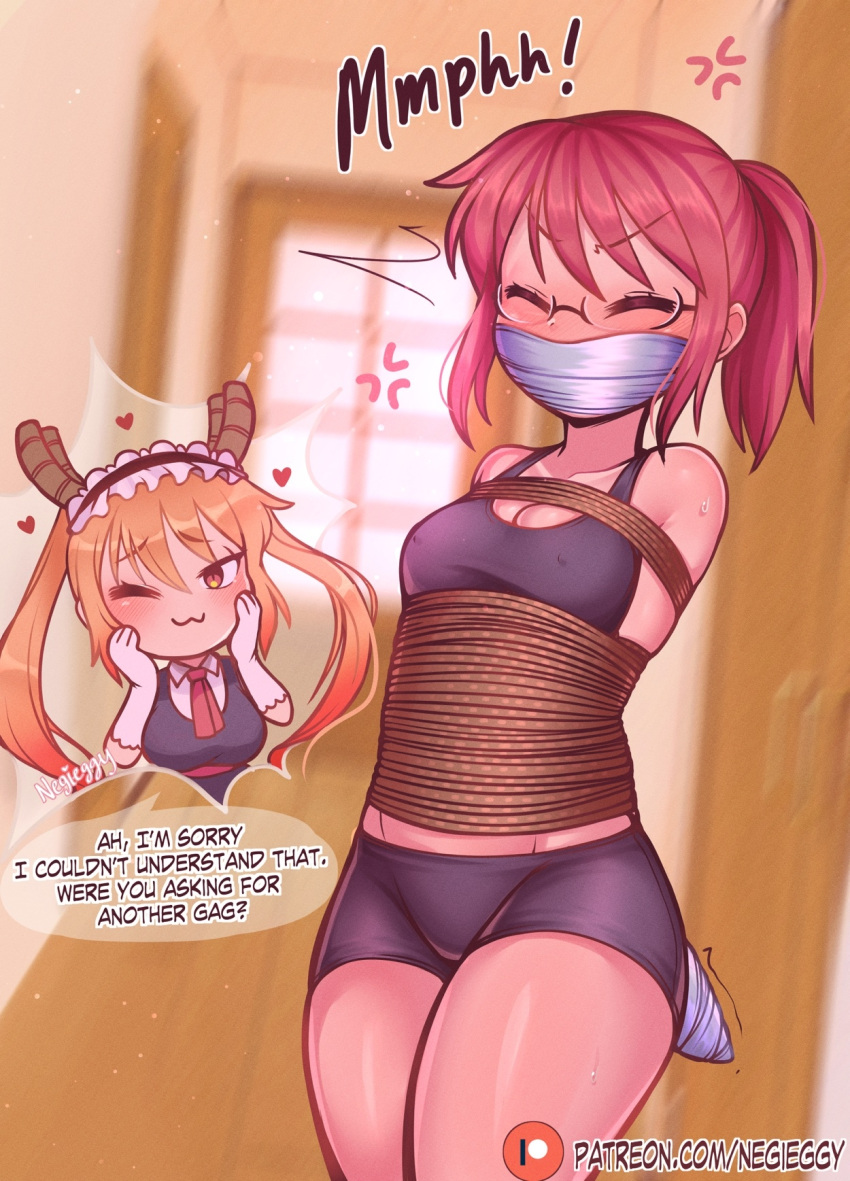 bound gag glasses highres improvised_gag kobayashi-san_chi_no_maidragon kobayashi_(maidragon) mummification_(bound) negi_(liquidu) red_hair rope school_swimsuit shibari swimsuit tape tape_gag tohru_(maidragon)