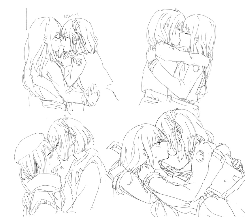 2girls blush braid closed_eyes commentary_request french_braid greyscale hair_ribbon hand_on_another's_back hand_on_another's_shoulder highres hug imminent_kiss inoue_takina kiss long_hair lycoris_recoil lycoris_uniform masaru_(kises_j) medium_hair monochrome multiple_girls nishikigi_chisato one_side_up open_mouth parted_lips ribbon scarf sweat yuri
