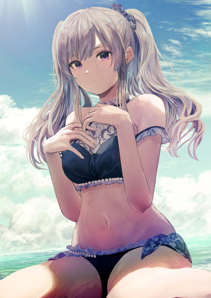 1girl \||/ armpit_crease bare_arms bare_shoulders beads bikini black_bikini bow breasts cleavage cloud cloudy_sky day feet_out_of_frame frilled_bikini frills grey_bow grey_hair hair_bow halterneck hands_on_own_chest hands_up highres idolmaster idolmaster_shiny_colors light_blush long_hair looking_at_viewer looking_down medium_breasts misaki_nonaka navel ocean off-shoulder_bikini off_shoulder outdoors parted_lips partially_submerged see-through see-through_cleavage side-tie_bikini_bottom sidelocks sitting sky solo stomach swept_bangs swimsuit thick_eyelashes thighs three_quarter_view twintails wariza wet yukoku_kiriko