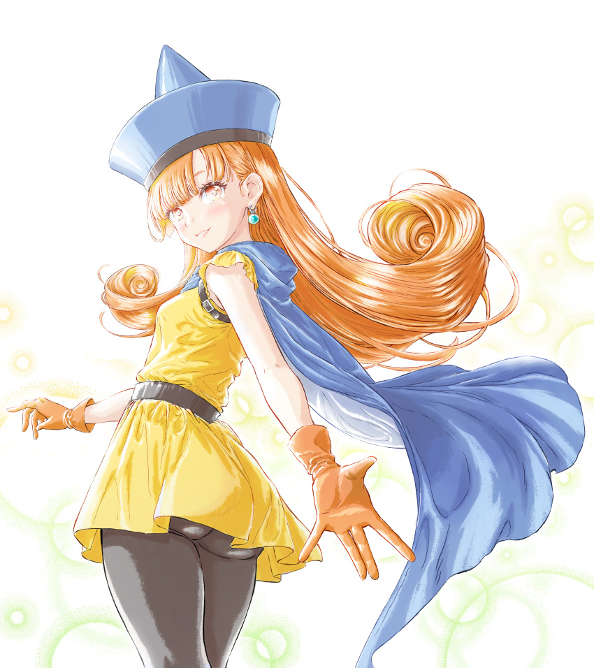 1girl absurdres alena_(dq4) ass belt blue_cape blunt_bangs blush cape commentary_request curly_hair dangle_earrings dragon_quest dragon_quest_iv dress earrings eyelashes from_behind gloves hat highres jewelry long_hair looking_at_viewer momo_oddeye orange_gloves orange_hair pantyhose reaching reaching_towards_viewer red_eyes short_dress short_sleeves smile solo standing very_long_hair white_background yellow_dress