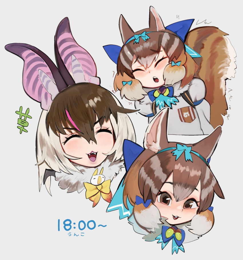 2girls animal_ears bat_ears bat_girl bat_wings brown_eyes brown_hair brown_long-eared_bat_(kemono_friends) chipmunk_ears chipmunk_girl chipmunk_tail extra_ears grey_background grey_hair highres kemono_friends kemono_friends_v_project long_hair looking_at_viewer microphone multiple_girls raichiyo shirt short_hair siberian_chipmunk_(kemono_friends) simple_background tail upper_body vest virtual_youtuber wings