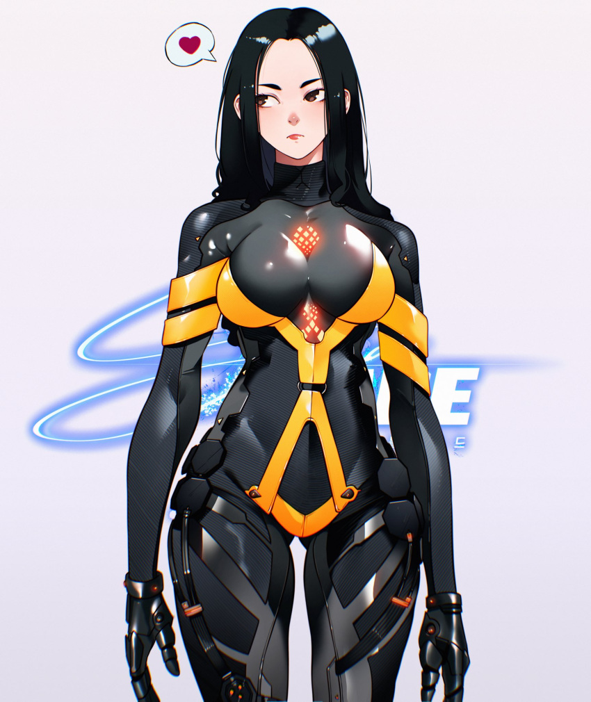 1girl black_bodysuit black_gloves black_hair bodysuit breasts brown_eyes cesar_art456 commentary english_commentary gloves heart highres long_hair looking_to_the_side medium_breasts solo spoken_heart standing stellar_blade tachy_(stellar_blade) white_background