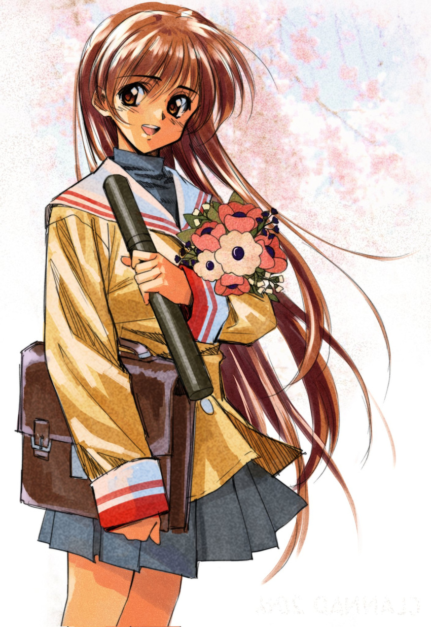 1990s_(style) 1girl :d aged_up blazer blue_skirt blurry blurry_background blush bouquet brown_eyes brown_hair cherry_blossoms clannad commentary_request cowboy_shot day eyes_visible_through_hair floating_hair flower graduated_cylinder graduation hair_between_eyes hand_up happy highres hikarizaka_private_high_school_uniform holding holding_bouquet jacket long_hair longmei_er_de_tuzi looking_at_viewer miniskirt okazaki_ushio open_mouth outdoors pink_flower pleated_skirt retro_artstyle sailor_collar school_uniform serafuku simple_background skirt sleeves_past_wrists smile solo straight_hair tareme teeth turtleneck upper_teeth_only very_long_hair white_background white_flower white_sailor_collar yellow_jacket