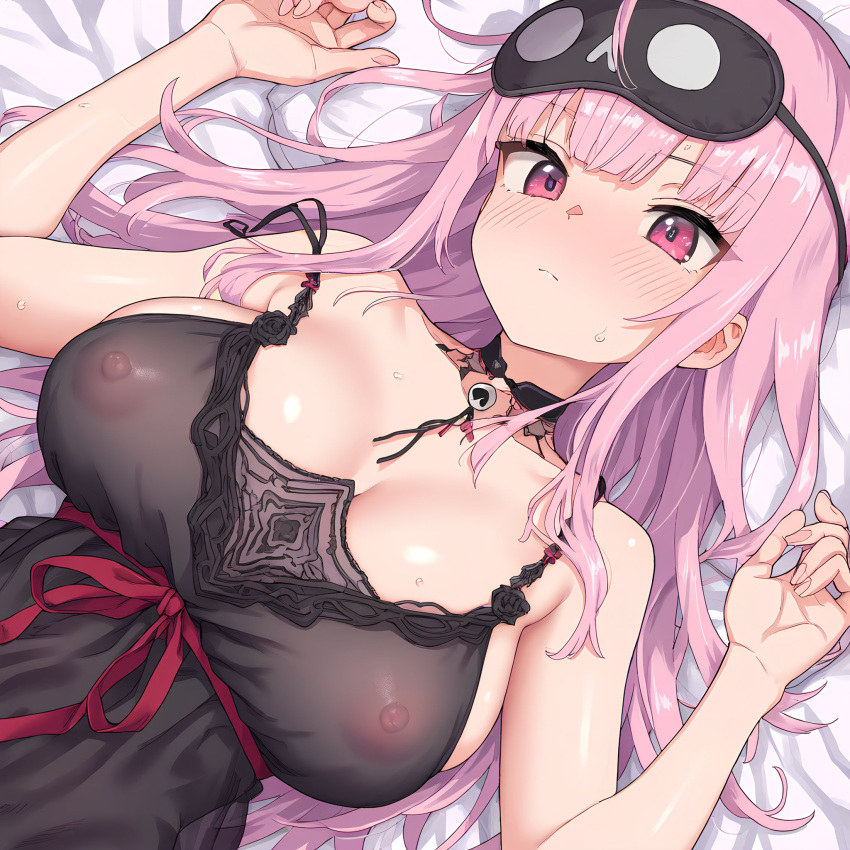 1girl ai-generated blush breasts collarbone dress evening_gown eye_mask highres hololive hololive_english large_breasts looking_at_viewer lying mori_calliope mori_calliope_(sleepwear) nipples on_back pink_hair red_eyes ribbon solo sweatdrop virtual_youtuber