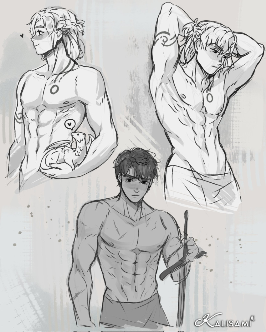 2boys abs animal bare_pectorals biceps collarbone dragon greyscale highres holding holding_animal kalisami1 large_pectorals looking_at_viewer male_focus monochrome multiple_boys multiple_views muscular muscular_male navel pectorals sketch topless_male