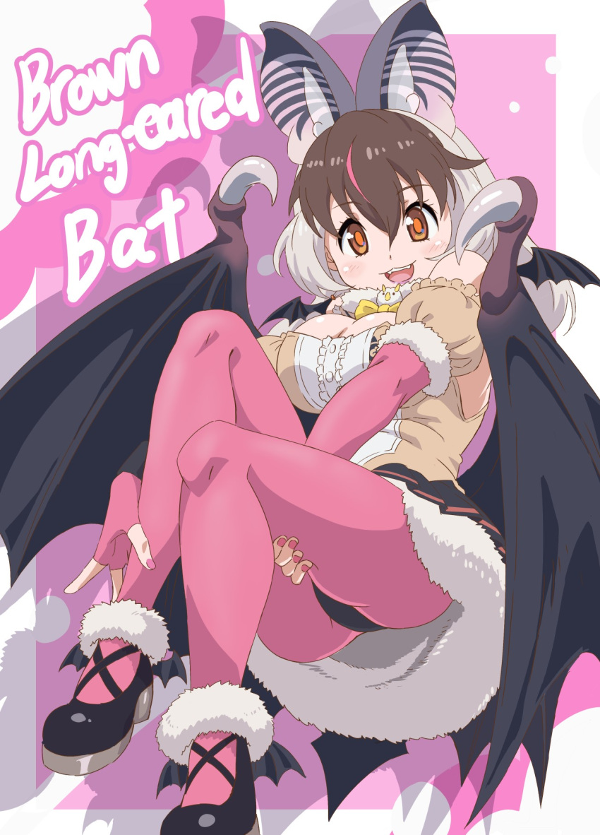 1girl animal_ears bat_ears bat_girl bat_wings brown_hair brown_long-eared_bat_(kemono_friends) extra_ears grey_hair highres kemono_friends kemono_friends_v_project leotard long_hair looking_at_viewer microphone pantyhose purple_background shoes simple_background skirt solo virtual_youtuber wings yamaguchi_yoshimi