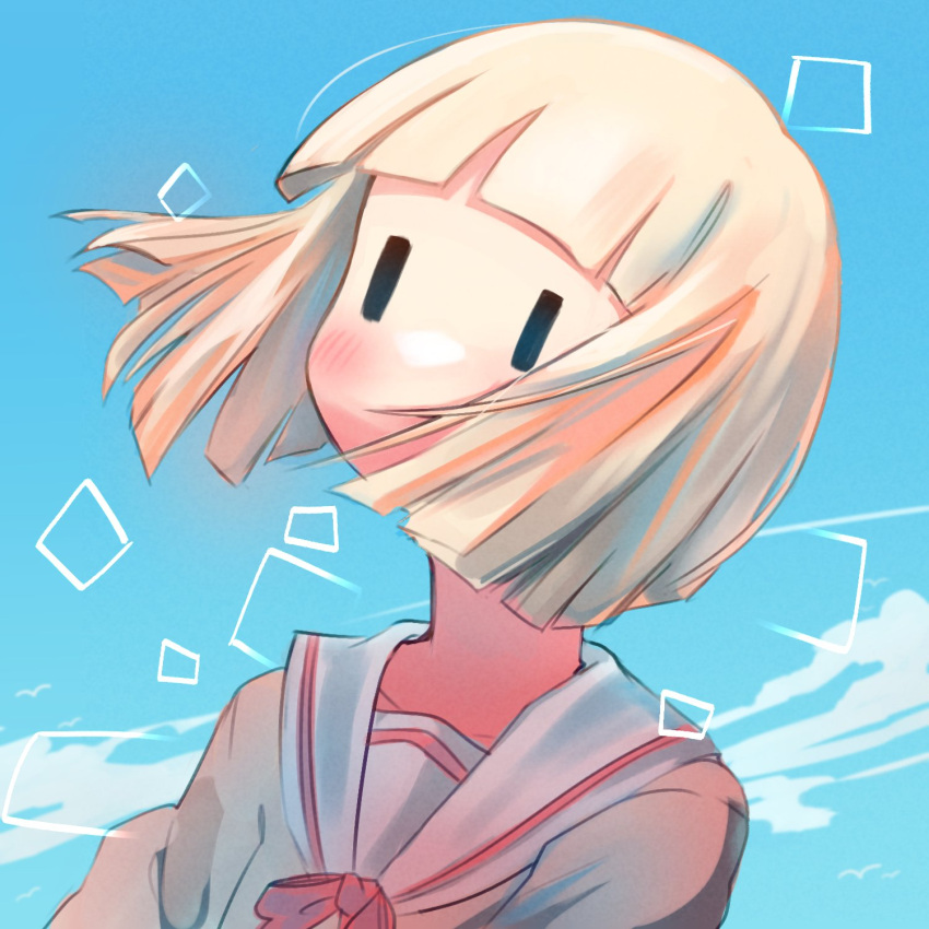 1girl blonde_hair blue_background blunt_bangs blush bob_cut cloud collarbone fei_(bell_fei) hair_over_mouth highres light_blush mob_face nichijou pink_ribbon ribbon sailor_collar school_uniform sekiguchi_yuria serafuku short_hair sky solo square tokisadame_school_uniform upper_body white_sailor_collar yellow_serafuku |_|