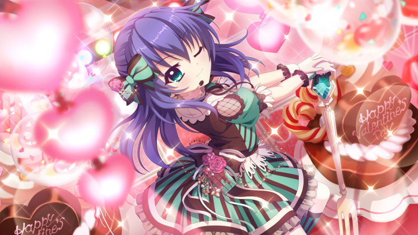 1girl aqua_eyes aqua_gemstone black_dress blue_hair blurry blurry_foreground bow bubble candy checkered_floor chocolate chocolate_bar closed_mouth doily dot_nose dress film_grain flower food fork from_above from_side game_cg giant_fork green_bow green_dress green_socks hair_bow happy_valentine headset heart honjou_kasumi idol idol_clothes izumi_tsubasu kneehighs lens_flare medium_hair non-web_source official_art one_eye_closed outstretched_arms oversized_food oversized_object pink_flower pink_rose pinstripe_dress pinstripe_pattern pinstripe_skirt purple_flower purple_rose re:stage! rose short_sleeves smile socks solo sparkle stage stage_lights striped_clothes striped_socks two-tone_dress valentine vertical-striped_clothes vertical-striped_socks white_wrist_cuffs wrist_cuffs