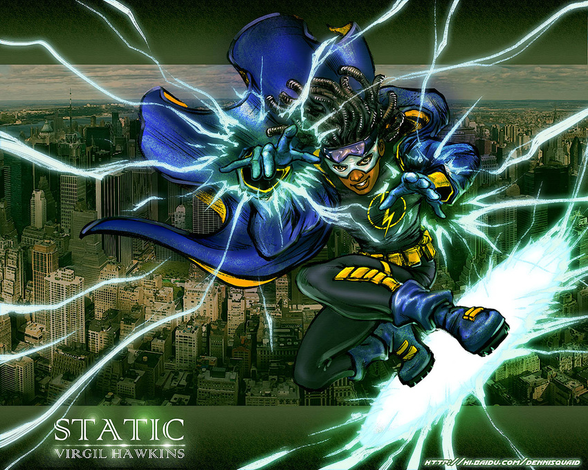 black_hair city dark_skin dc_comics electricity emblem flying goggles hairlocs jacket male_focus solo static_shock virgil_ovid_hawkins