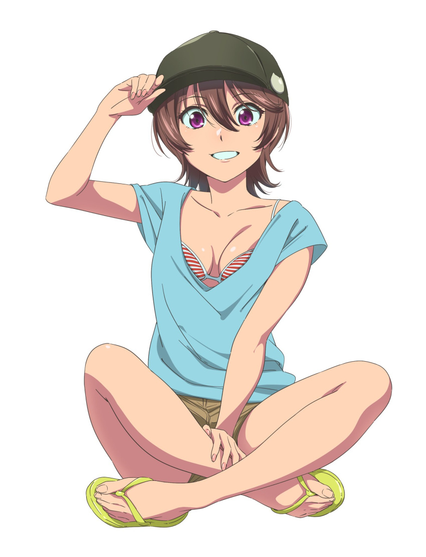 1girl :d adjusting_clothes adjusting_headwear baseball_cap bikini bikini_under_clothes blue_shirt breasts breasts_apart brown_hair brown_shorts flip-flops full_body green_footwear green_hat grin hand_on_lap hat highres indian_style looking_at_viewer low_neckline purple_eyes red_bikini sandals sano_keiichi shirt short_hair short_shorts short_sleeves shorts simple_background sitting smile solo strike_the_blood striped_bikini striped_clothes swimsuit tokoyogi_yuuma white_background white_bikini