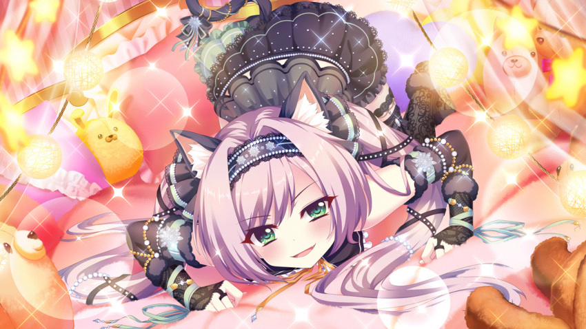1girl all_fours animal_ear_fluff animal_ear_hairband animal_ears bed black_bow black_garter black_hairband black_ribbon black_skirt black_tail black_thighhighs blurry blurry_foreground blush bow bridal_garter canopy_bed cat_ear_hairband cat_ears cat_tail dot_nose dutch_angle elbow_gloves fake_animal_ears fake_tail fang film_grain game_cg gloves green_eyes hair_intakes hair_ribbon hairband heart heart-shaped_pillow izumi_tsubasu lace_thighhighs lens_flare long_hair looking_at_viewer midriff_peek misaki_sango non-web_source official_art on_bed pillow purple_hair re:stage! ribbon skirt smile solo sparkle star_(symbol) stuffed_animal stuffed_rabbit stuffed_toy swept_bangs tail tail_bow tail_ornament teddy_bear thighhighs twintails