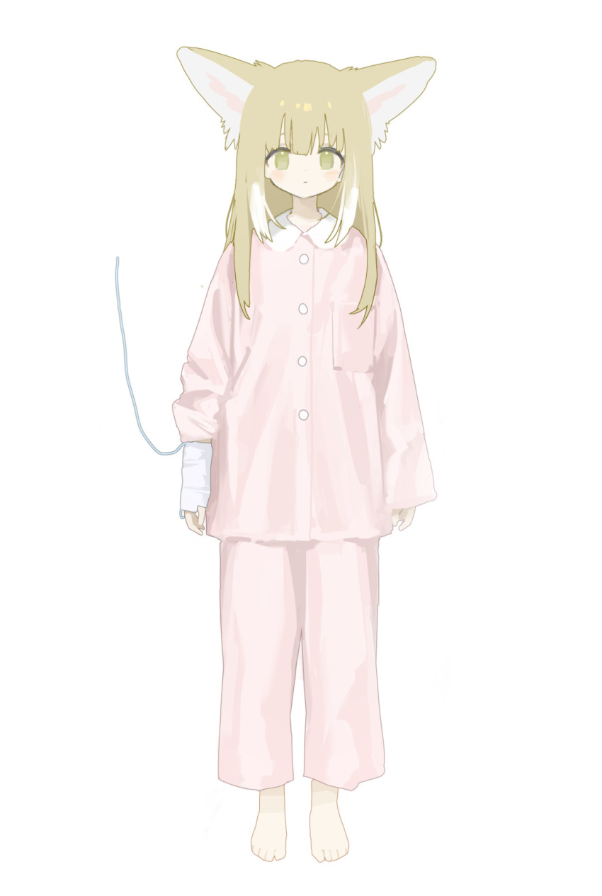 1girl alternate_costume animal_ears arknights arms_at_sides bandaged_hand bandages barefoot blonde_hair blush closed_mouth collared_shirt colored_tips fox_ears fox_girl full_body green_eyes hair_down highres intravenous_drip long_hair long_sleeves looking_at_viewer multicolored_hair pajamas pants pink_pajamas pink_pants pink_shirt shirt sho_(sho_lwlw) simple_background solo standing straight-on suzuran_(arknights) white_background white_hair