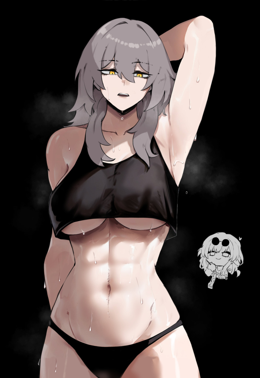 2girls absurdres bare_shoulders black_background black_panties black_tank_top breasts chibi commentary crop_top grey_hair groin highres honkai:_star_rail honkai_(series) kafka_(honkai:_star_rail) long_hair looking_at_viewer masoq midriff multiple_girls navel no_pants open_mouth panties simple_background stelle_(honkai:_star_rail) stomach sweat tank_top trailblazer_(honkai:_star_rail) underboob underwear yellow_eyes