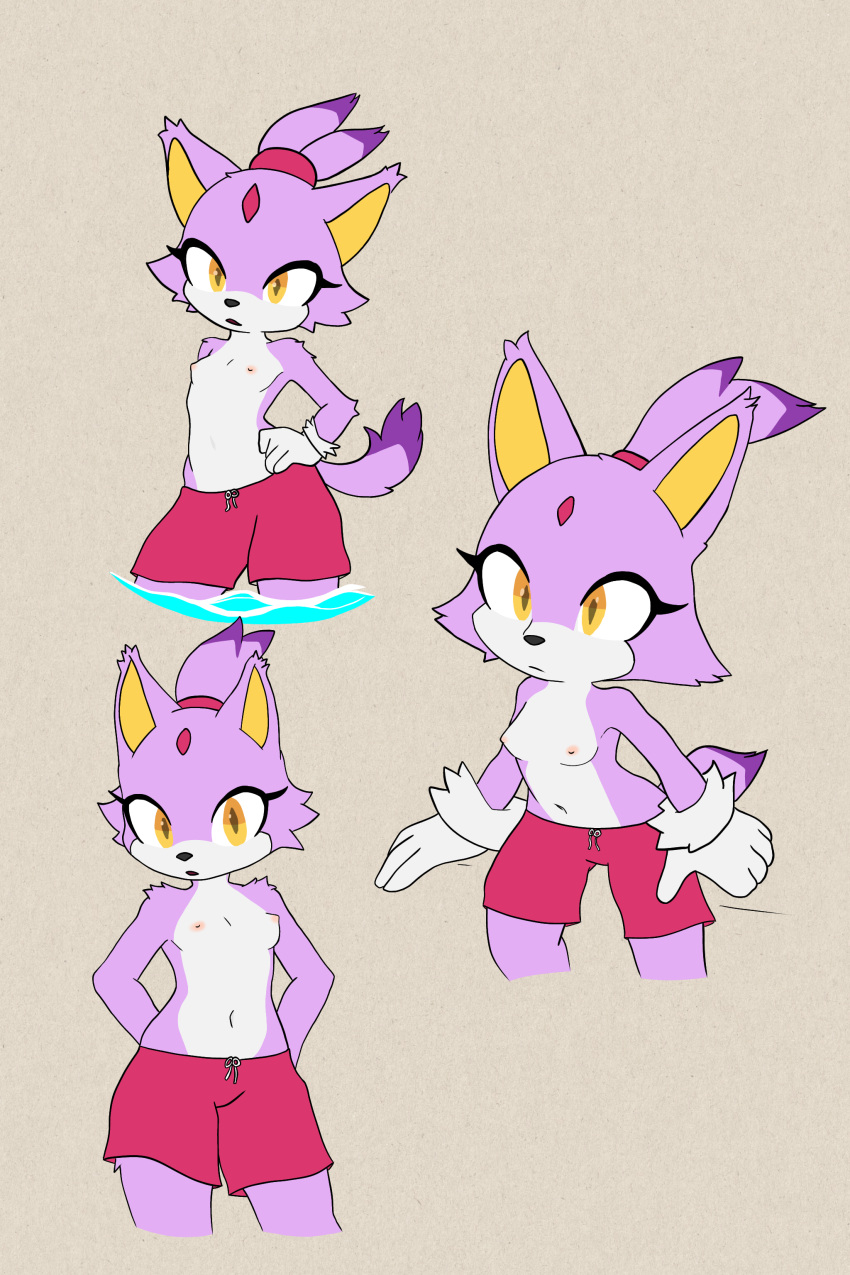 2:3 absurd_res anthro areola blaze_the_cat clothed clothing domestic_cat felid feline felis female forehead_gem fur gem hair hand_on_hip hands_behind_back hi_res hikaridraws male_swimwear_challenge mammal navel ponytail purple_body purple_fur red_clothing red_forehead_gem red_swimming_trunks red_swimwear sega sketch_page solo sonic_the_hedgehog_(series) swimming_trunks swimwear topless white_body white_fur yellow_eyes