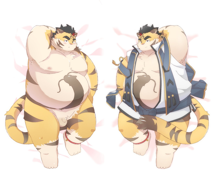 2024 anthro balls belly big_belly dakimakura dakimakura_design felid genitals ginsingoo1 hi_res hitachi_(tamacolle) kemono lying male mammal micropenis moobs nipples overweight overweight_male pantherine penis small_penis solo tamacolle tiger