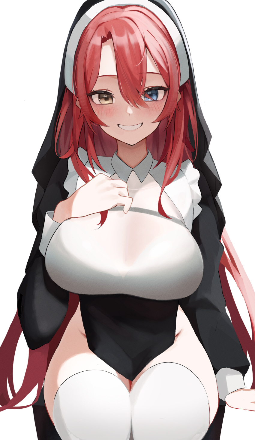 1girl absurdres bare_hips black_dress blue_eyes breasts brown_eyes commission dress grin habit hair_between_eyes hand_on_own_chest heterochromia highres indie_virtual_youtuber invisible_chair large_breasts long_hair long_sleeves looking_at_viewer mukana_meme nun pelvic_curtain red_hair riara_(vtuber) shirt simple_background sitting skeb_commission smile solo thighhighs very_long_hair virtual_youtuber white_background white_shirt white_thighhighs