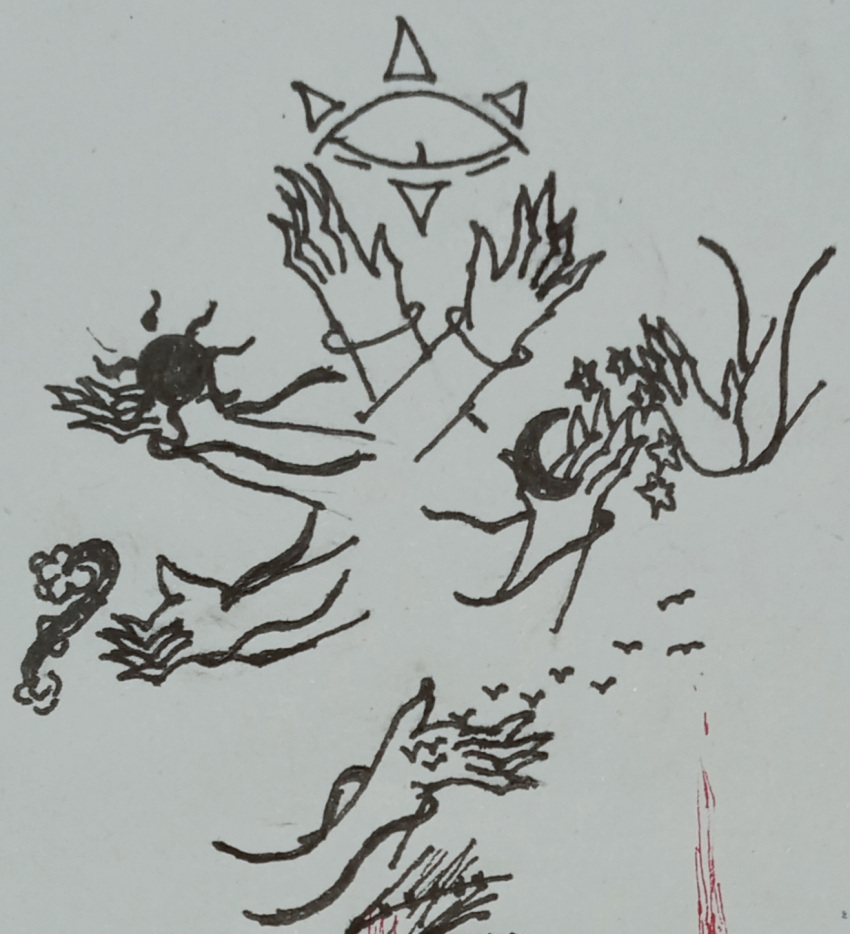 ambient_bird barbed_wire bracelet deity disembodied_eyes disembodied_hand hi_res jewelry looking_down monochrome moon muwei not_furry pupils sketch slit_pupils star sun