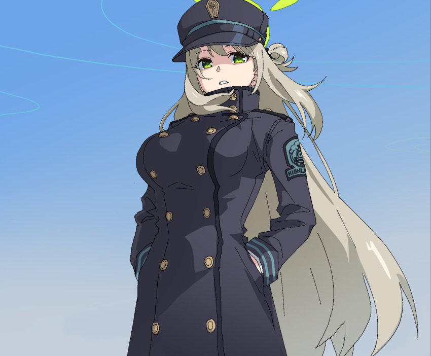 1girl black_hat blue_archive blue_background breasts brown_hair cosplay gradient_background green_eyes green_halo halo hands_in_pockets hat highres large_breasts long_hair long_sleeves looking_at_viewer military_uniform momomatang nonomi_(blue_archive) parted_lips solo suou_(blue_archive) suou_(blue_archive)_(cosplay) uniform very_long_hair