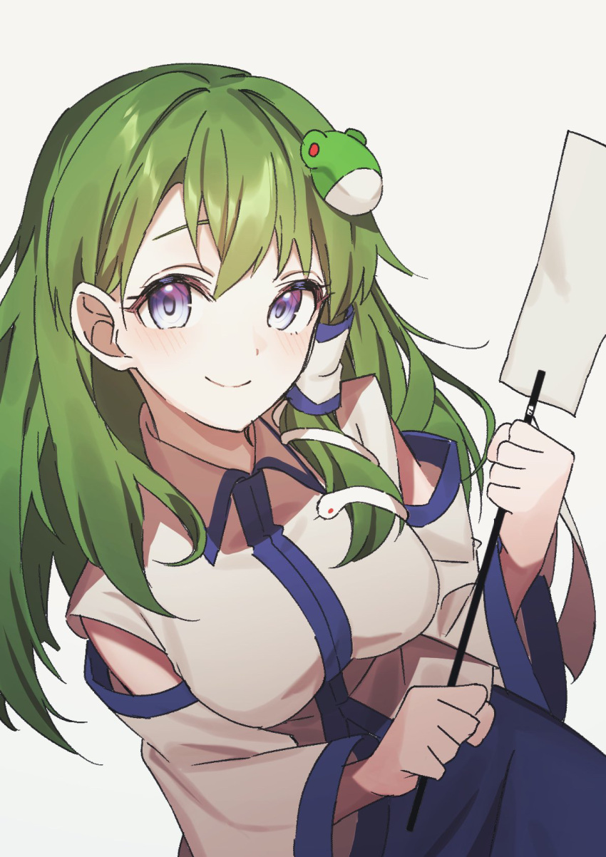 1girl bare_shoulders blue_eyes blue_skirt blush breasts closed_mouth collared_shirt commentary detached_sleeves eyebrows_hidden_by_hair eyelashes frog_hair_ornament gohei green_eyes hair_between_eyes hair_ornament hands_up happy highres holding holding_gohei kochiya_sanae long_hair long_sleeves looking_at_viewer medium_breasts one-hour_drawing_challenge shirt simple_background single_sidelock skirt sleeveless sleeveless_shirt smile snake_hair_ornament solo tareme touhou upper_body wanko_sora white_background white_shirt white_sleeves wide_sleeves