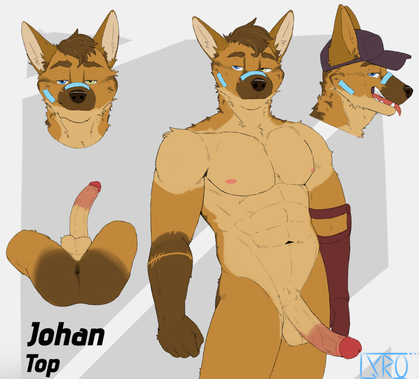 anthro anus balls big_penis canid canine canis erection genitals hi_res jackal lyrobr male mammal model_sheet nipples penis solo solo_focus tongue