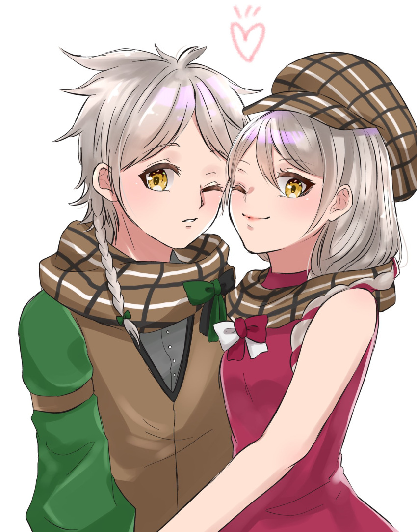 1boy 1girl blonde_hair brother_and_sister brown_scarf clanne_(fire_emblem) ephikro0810 fire_emblem fire_emblem_engage flannel framme_(fire_emblem) highres plaid plaid_headwear plaid_scarf scarf siblings yellow_eyes