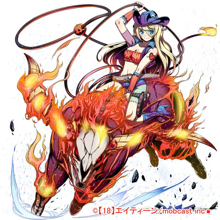 1girl arm_warmers belt blonde_hair blue_eyes blue_footwear bolt boots bull fire hat highres holster kyousin lasso long_hair looking_at_viewer midriff monster navel official_art original pebble pumpkin red_eyes riding smile stitches tail-tip_fire tattoo transparent_background watermark