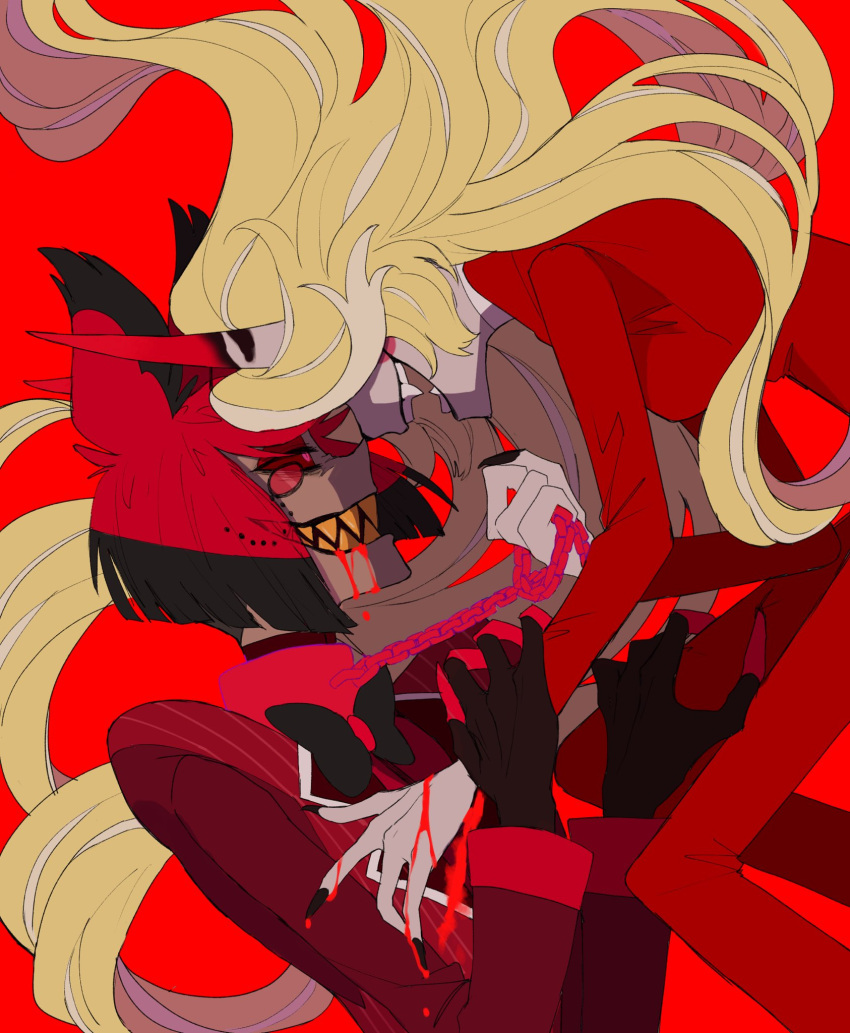 1boy 1girl alastor_(hazbin_hotel) arm_grab black_hair bleeding blonde_hair blood blood_from_mouth chain charlie_morningstar colored_sclera commentary_request demon_girl demon_horns evil_smile eye_contact formal hazbin_hotel highres holding holding_chain horns long_hair looking_at_another multicolored_hair red_background red_eyes red_hair red_sclera sausupou sharp_teeth short_hair smile suit teeth upper_body